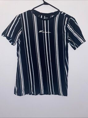 Boys Urban Heritage Black Tee with White Vertical Stripes and Chest Script